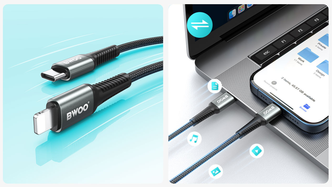 Cable de carga rápida USB-C a Lightning PD 27W Nylon 1M