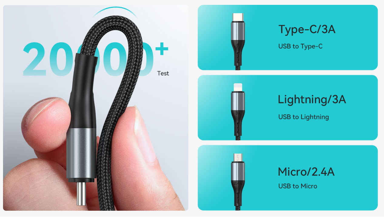 Cable de carga USB múltiple 3 en 1 3A nylon trenzado
